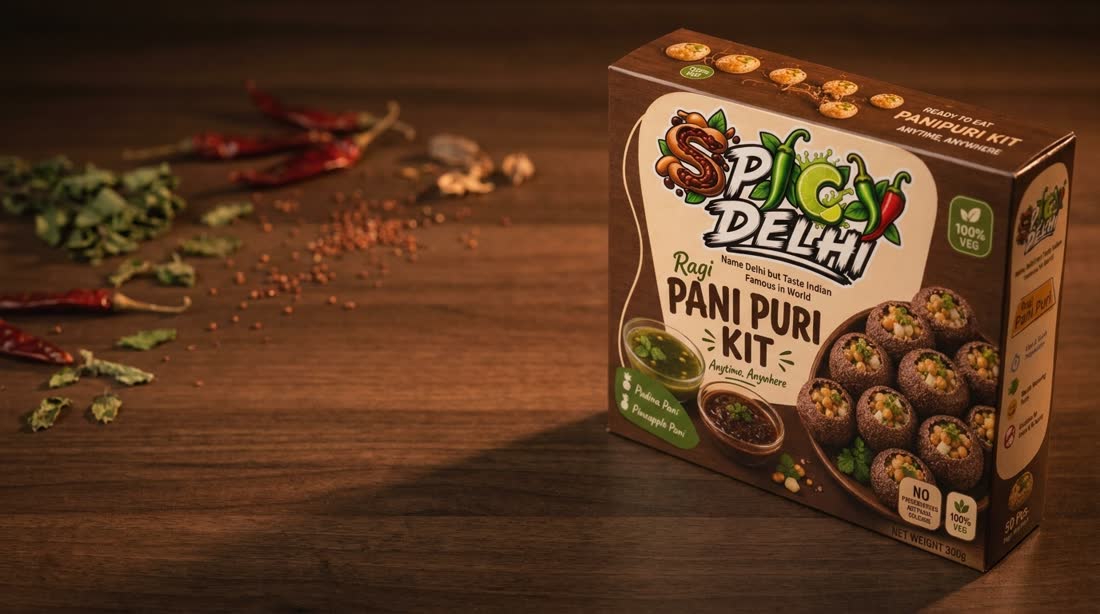 Spicy Delhi Ragi Pani Puri box on a dark wood surface