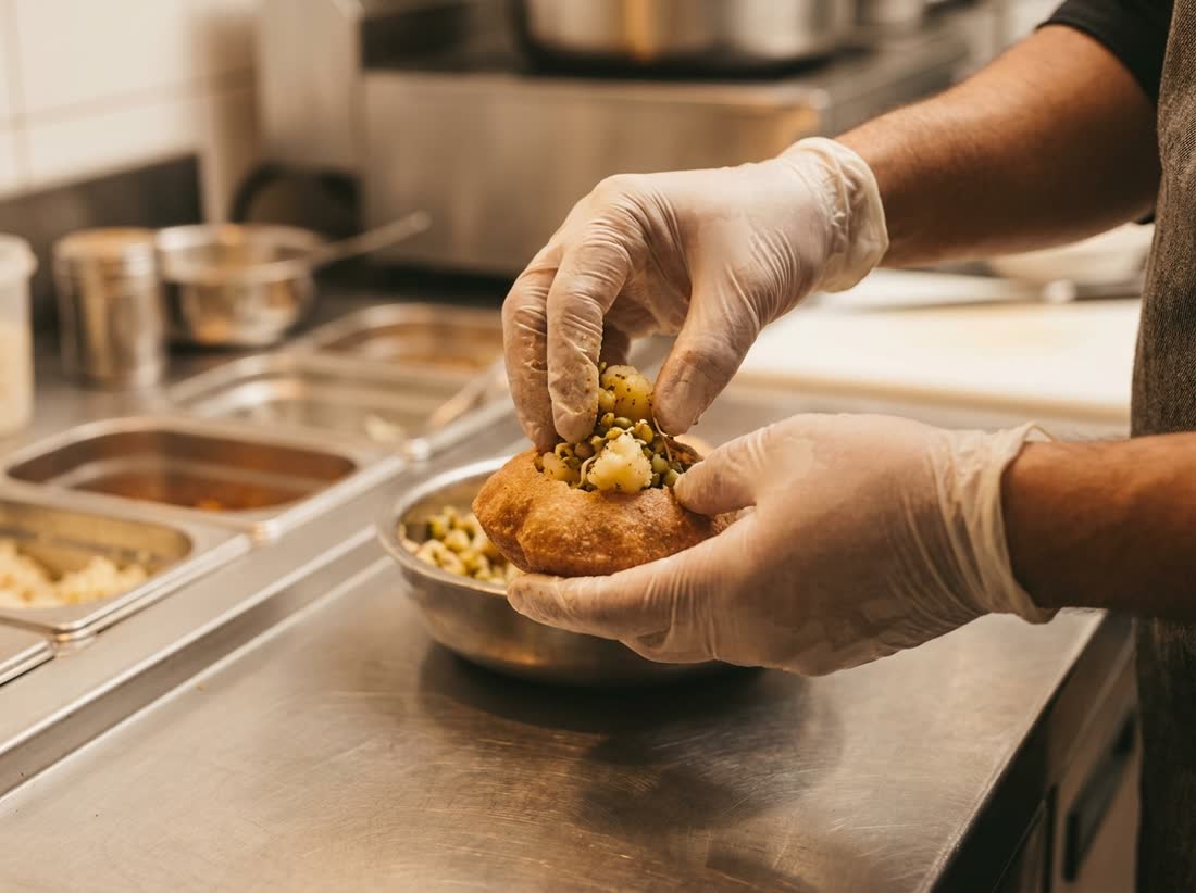 Pani puri being made on a hygienic production floor