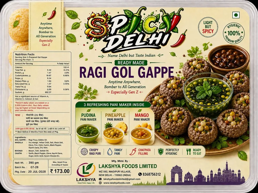 Spicy Delhi Ragi Pani Puri (Gol Gappe) pack label