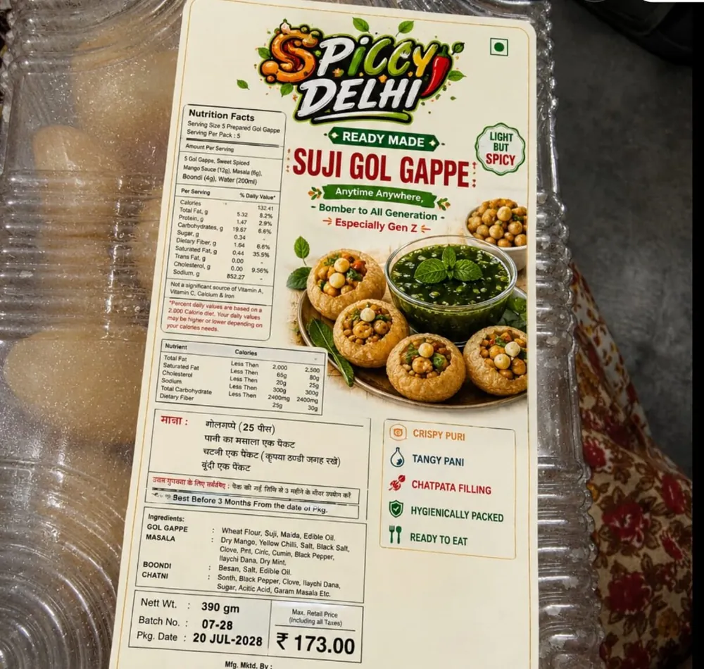 Suji Pani Puri (Gol Gappe) tray with its printed pack label